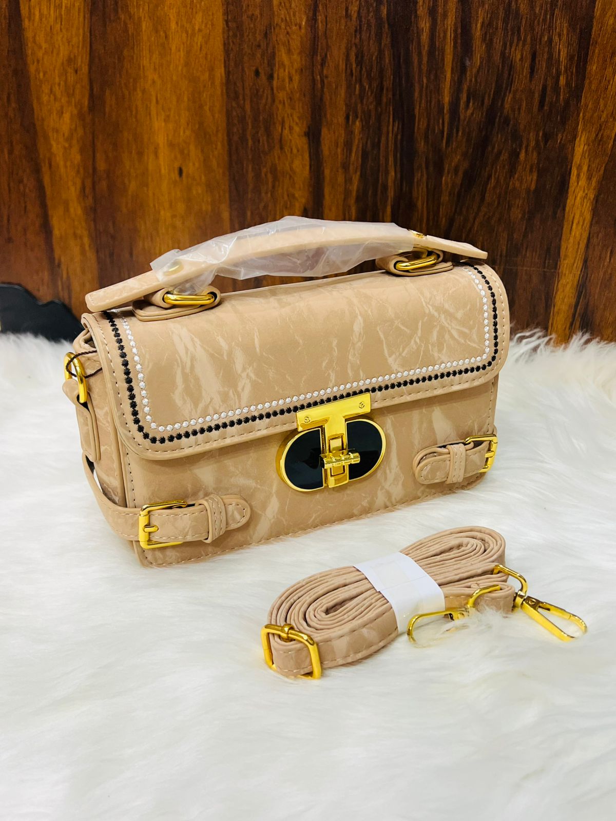 Elegant Beige Patent Leather Top Handle Bag for Women
